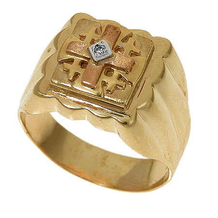 14K Gold Jerusalem cross Ring set with a Diamond