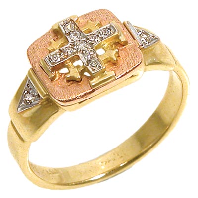 18K Gold cross ring, two tones, set with Diamonds