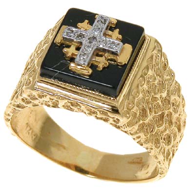 14k Gold Jerusalem cross ring set with Onyx and Diamonds