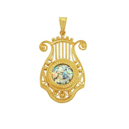 14K solid Gold harp pendant set with Roman glass