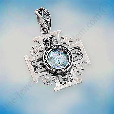 Silver Jerusalem Cross set with Roman glass.