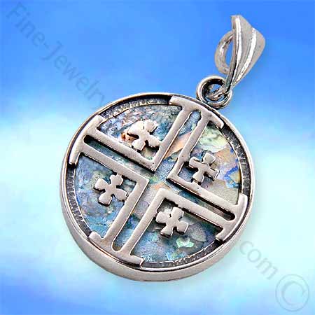 Silver Jerusalem Cross Set with Roman glass .