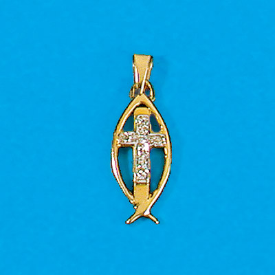 14K Gold Fish with Cross set with Diamonds