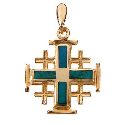 14K Gold Jerusalem Cross set with Eilat Stone