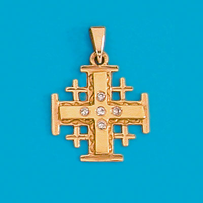 18K Gold Jerusalem Cross set with 5 Diamonds