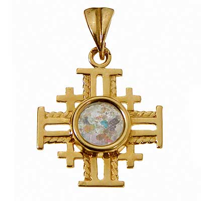 14K Gold Jerusalem Cross set with Ancient Roman Glass