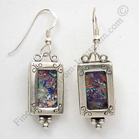 Delicate ethnic sterling silver earrings with Roman glass