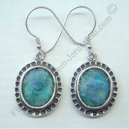 classic design in sterling silver oval earrings with Roman glass