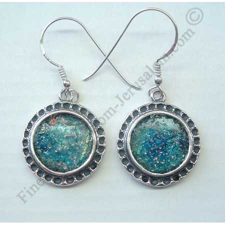 classic design in sterling silver round earrings with Roman glass