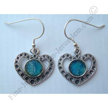 ethnic design in sterling silver heart earrings with Roman glass