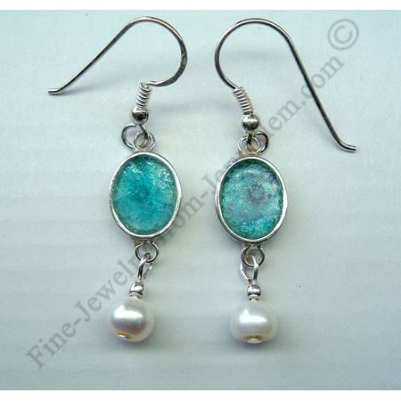 delicate samll oval sterling silver earrings with pearl beads and Roman glass