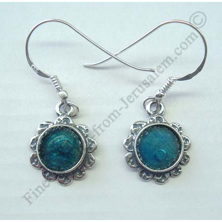 delicate flower design in hammered sterling silver earring with Roman glass