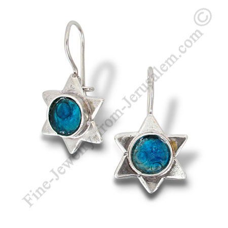 delicate sterling silver Star of David earrings with Roman glass