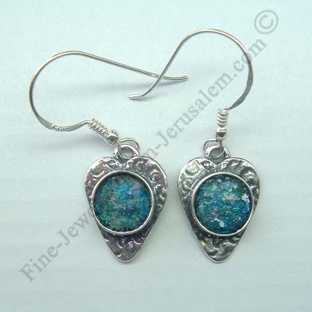 delicate hammered sterling silver Heart earrings with Roman glass