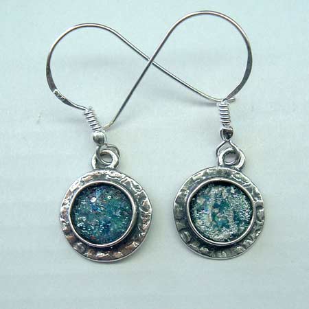 delicate hammered sterling silver round earrings with Roman glass
