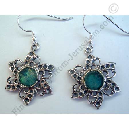 ethnic design in sterling silver star earrings with Roman glass