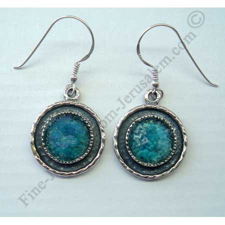 delicate modern design in sterling silver round earrings with Roman glass