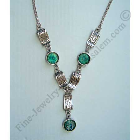 delicate modern design in sterling silver necklace with Roman glass