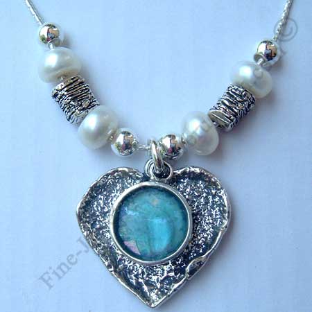 modern sterling silver heart pendant with assorted silver beads pearls and Roman glass