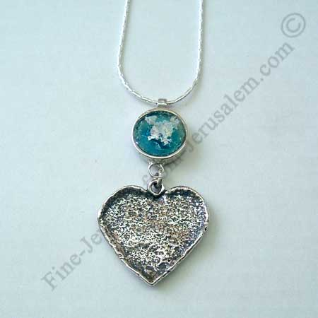 modern Heart design in hammered sterling silver pendant with Roman glass