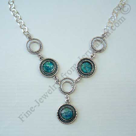 delicate design in sterling silver necklace with fantasy dimension silver links and Roman glass