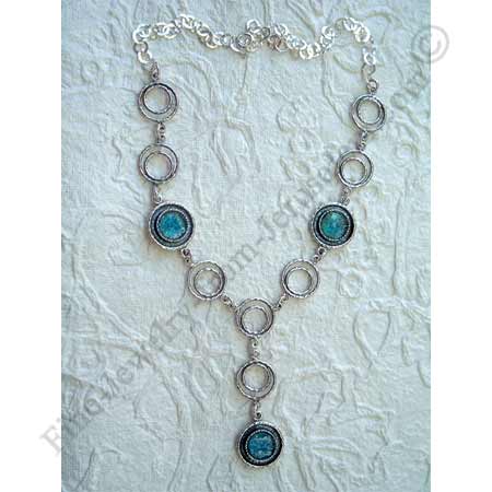 modern design in sterling silver necklace with fantasy dimension silver links and Roman glass