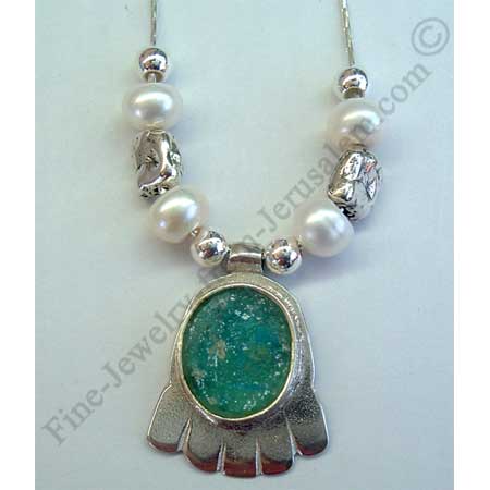delicate sterling silver Hamsa pendant with assorted silver beads pearls and oval Roman glass