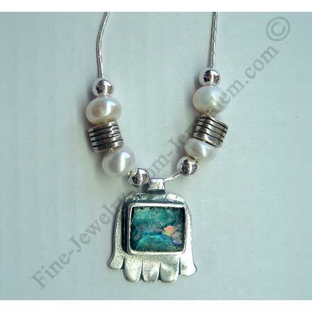 delicate sterling silver Hamsa pendant with assorted silver beads pearls and rectangle Roman glass