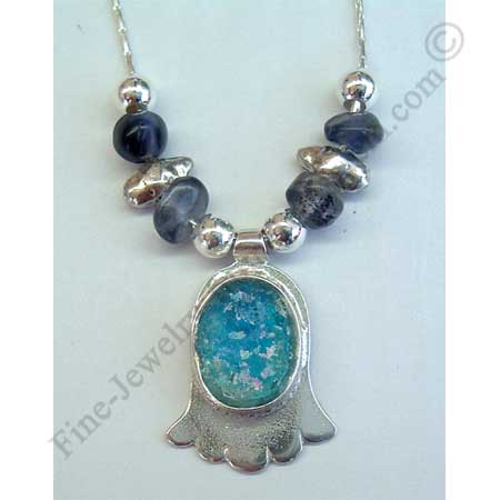 delicate sterling silver Hamsa pendant with assorted silver beads demortorite beads and Roman glass