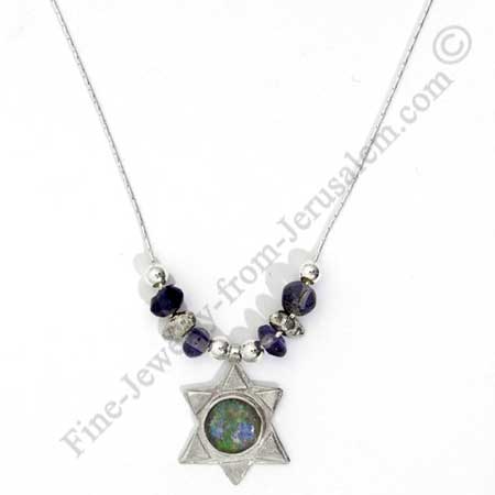 ethnic design in sterling silver Star of David pendant with assorted silver beads ayolite beads and