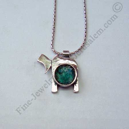 Chai design in sterling silver pendant set with Roman glass