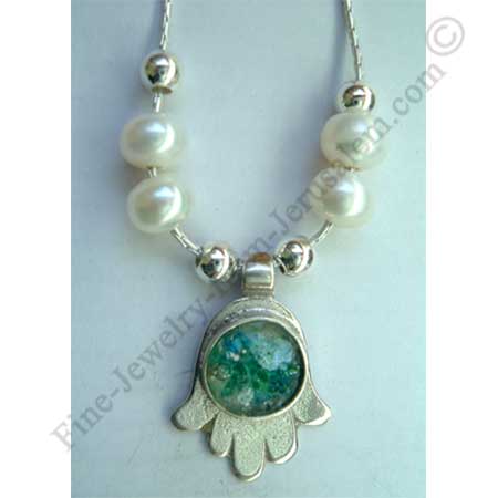delicate sterling silver Hamsa pendant with silver beads pearls and Roman glass