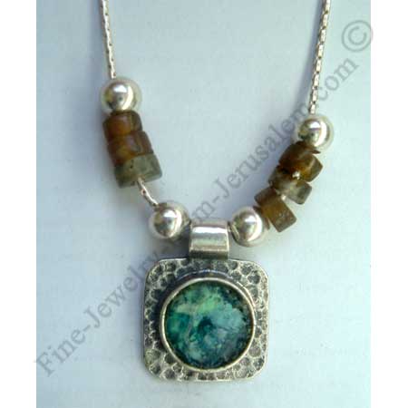 delicate hammered sterling silver square necklace with silver and labradorite beads and Roman glass