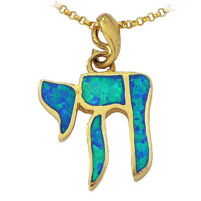 14K solid Gold Chai pendant set with Crushed Opals