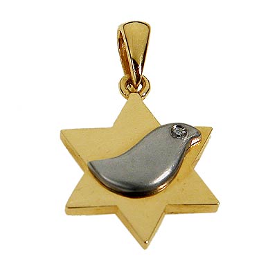 Yellow Gold Star of David pendant with White Dove