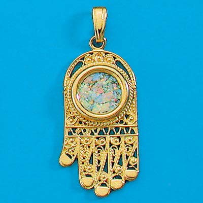 14K Gold filigree Hand set with ancient Roman glass