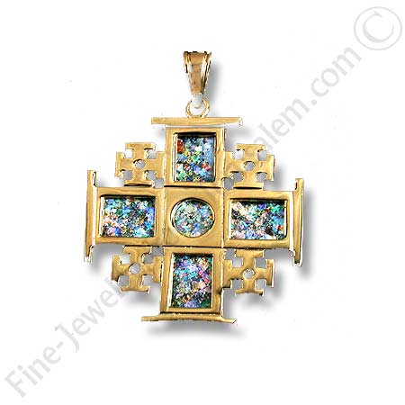 14K gold Jerusalem cross pendant with roman glass