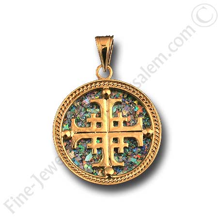 14K gold Jerusalem cross pendant with roman glass