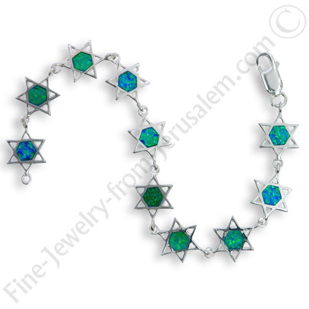 Silver Star of David bracelet set with crushed opals