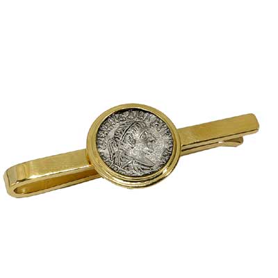 14K Gold tie clasp set with an Ancient Roman Coin