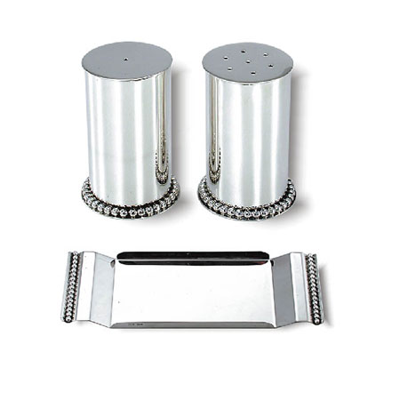 Salt & Pepper on tray, row of pearls  - 925 Sterling Silver Salt Shaker