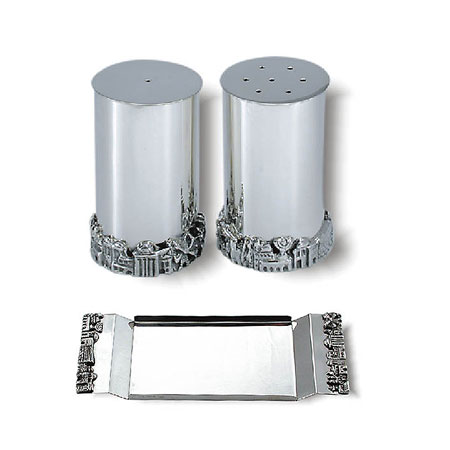 Salt & Pepper on tray, Jerusalem panorama - 925 Sterling Silver Salt Shaker