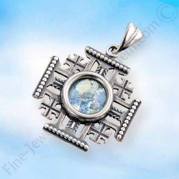 Silver Roman Glass Jerusalem Cross Pendant