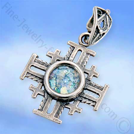 Silver Jerusalem cross with Roman glass