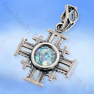 Silver Jerusalem cross with Roman glass