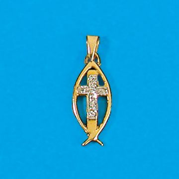 14K Gold Fish with Cross set with Diamonds