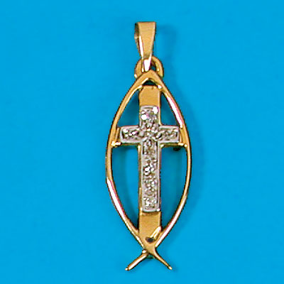 14K Gold Fish with Cross set with Diamonds