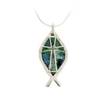 925 Silver Messianic fish symbol & Cross set with Roman Glass