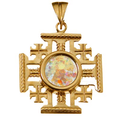 14K Gold Jerusalem Cross set with Ancient 'Roman Glass'