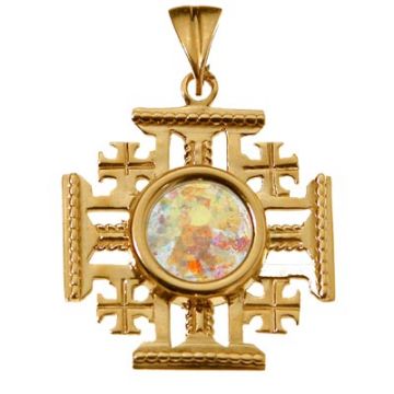 14K Gold Jerusalem Cross set with Ancient 'Roman Glass'